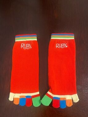 Bright Red Kids Toe Socks with Rainbow Cuffs